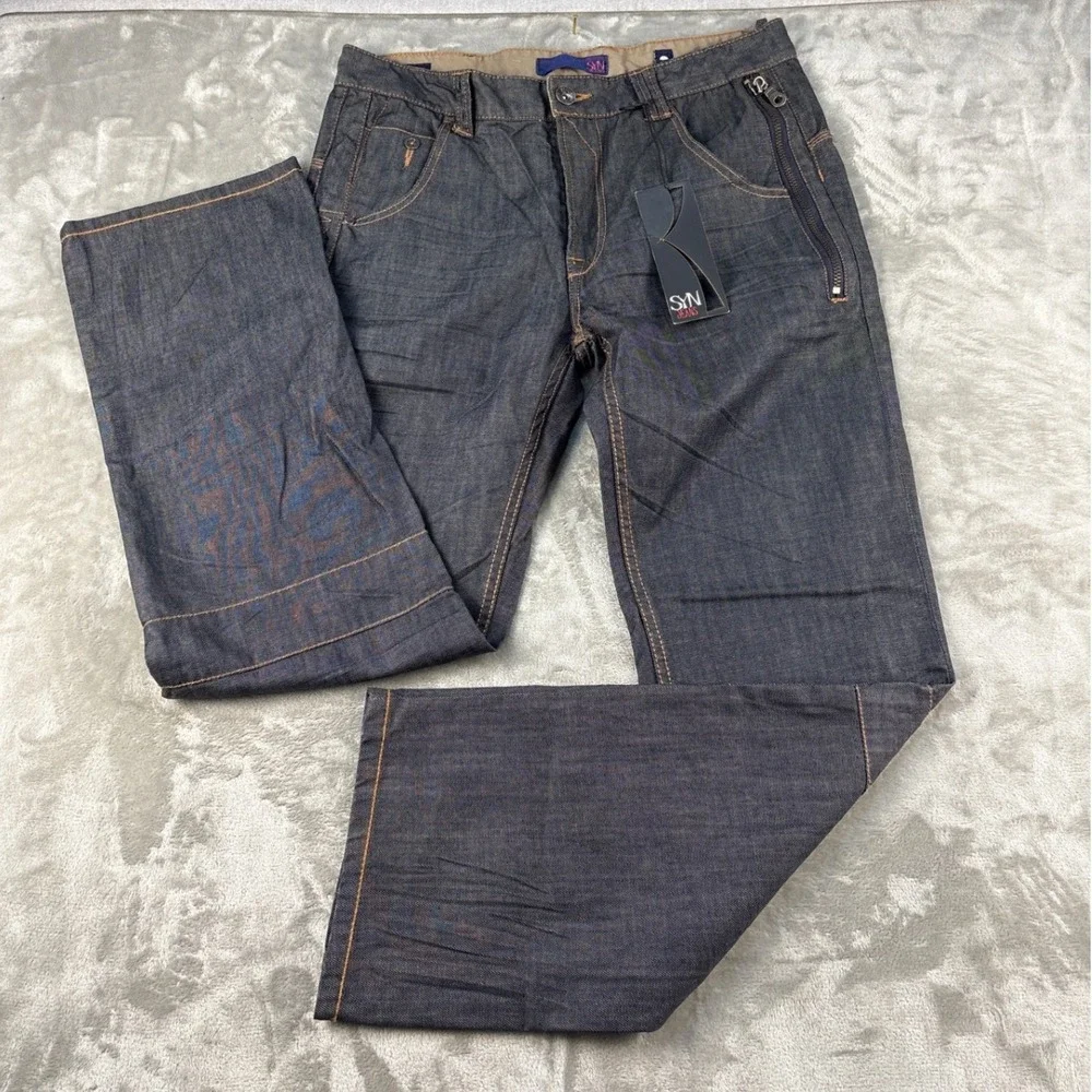 SYN Jeans Mens 34x32 Dark Wash Denim Streetwear Embroidered Straight Leg Pants